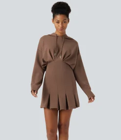 Mini Dresses|Dresses<HALARA Drawstring Dropped Shoulder Long Sleeve Pleated Hem Hip Wrapped Mini Casual Hoodie Dress