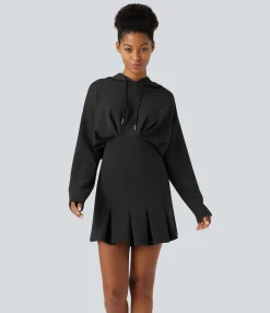 Mini Dresses|Dresses<HALARA Drawstring Dropped Shoulder Long Sleeve Pleated Hem Hip Wrapped Mini Casual Hoodie Dress