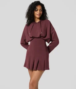 Mini Dresses|Dresses<HALARA Drawstring Dropped Shoulder Long Sleeve Pleated Hem Hip Wrapped Mini Casual Hoodie Dress