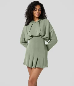 Mini Dresses|Dresses<HALARA Drawstring Dropped Shoulder Long Sleeve Pleated Hem Hip Wrapped Mini Casual Hoodie Dress
