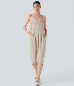 Jumpsuits<HALARA Drawstring Hem Linen-Feel Casual Jumpsuit with Pockets