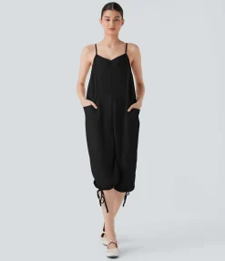 Jumpsuits<HALARA Drawstring Hem Linen-Feel Casual Jumpsuit with Pockets