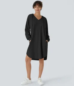 Dresses|Mini Dresses<HALARA Drawstring Hooded Long Sleeve Pocket High Low Curved Hem Oversize Mini Waffle Casual Sweatshirt Dress