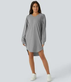 Dresses|Mini Dresses<HALARA Drawstring Hooded Long Sleeve Pocket High Low Curved Hem Oversize Mini Waffle Casual Sweatshirt Dress