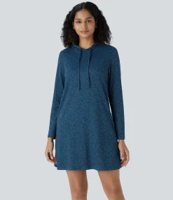 Dresses|Mini Dresses<HALARA Drawstring Hooded Long Sleeve Pocket Mini Casual Dress