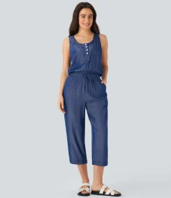 Jumpsuits<HALARA Drawstring Tapered Denim Like Casual Jumpsuit with Pockets