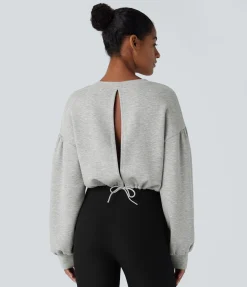 Sweatshirts & Hoodies<HALARA Drawstring Tie Back Bishop Sleeve Cropped Casual Sweatshirt