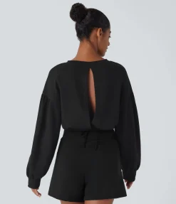 Sweatshirts & Hoodies<HALARA Drawstring Tie Back Bishop Sleeve Cropped Casual Sweatshirt