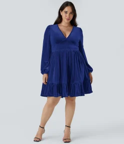 Plus Size<HALARA Everyday Deep V Neck Long Sleeve Ruffled Hem Velvet Plus Size Mini Chill Dress