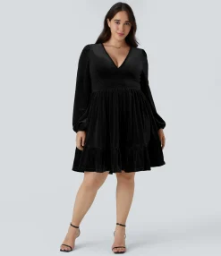 Plus Size<HALARA Everyday Deep V Neck Long Sleeve Ruffled Hem Velvet Plus Size Mini Chill Dress