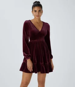 Party Dresses|Mini Dresses<HALARA Everyday Deep V Neck Long Sleeve Ruffled Hem Velvet Mini Chill Dress