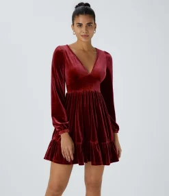 Party Dresses|Mini Dresses<HALARA Everyday Deep V Neck Long Sleeve Ruffled Hem Velvet Mini Chill Dress