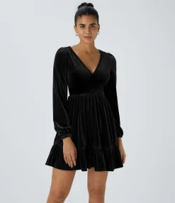 Party Dresses|Mini Dresses<HALARA Everyday Deep V Neck Long Sleeve Ruffled Hem Velvet Mini Chill Dress