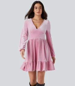 Party Dresses|Mini Dresses<HALARA Everyday Deep V Neck Long Sleeve Ruffled Hem Velvet Mini Chill Dress