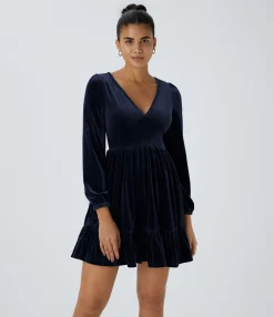 Party Dresses|Mini Dresses<HALARA Everyday Deep V Neck Long Sleeve Ruffled Hem Velvet Mini Chill Dress