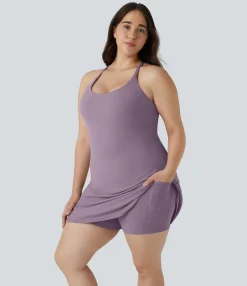 Plus Size<HALARA Everyday SoftlyZero™ Plush Backless 2-in-1 Flare Workout Plus Size Dress-Wannabe-Easy Peezy
