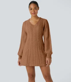 Dresses|Mini Dresses<HALARA Everyday V Neck Long Sleeve Mini Sweater Chill Dress