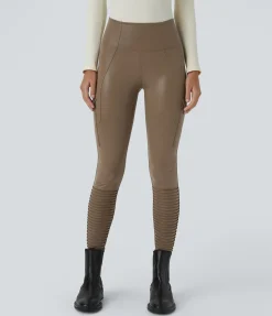 Pocket Leggings|Casual Wear Leggings<HALARA Faux Leather High Waisted Flap Pocket Ankle Length Quick Dry Casual Moto Leggings