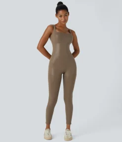 Jumpsuits<HALARA Faux Leather Shine Tummy Control Butt Lifting Square Neck Sleeveless Quick Dry Casual Shaping Catsuit