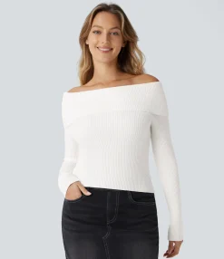 Sweaters<HALARA Folded Off Shoulder Long Sleeve Casual Sweater