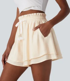 Shorts<HALARA Frill High Waisted Drawstring Double-Layer Casual Linen-Feel Shorts with Pockets