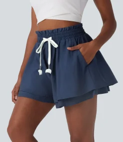 Shorts<HALARA Frill High Waisted Drawstring Double-Layer Casual Linen-Feel Shorts with Pockets