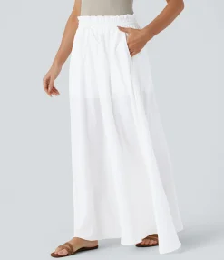 Pants|High-Waisted Pants<HALARA Frill Mid High Waisted Drawstring Pocket 2-in-1 Wide Leg Flowy Casual Linen-Feel Pants