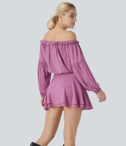 Mini Dresses|Dresses<HALARA Frill Off Shoulder Long Sleeve Lace Up Tiered Mini Dress