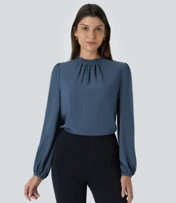 Shirts Blouses|Work Tops<HALARA Frill Round Neck Keyhole Back Long Sleeve Work Blouse