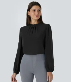 Shirts Blouses|Work Tops<HALARA Frill Round Neck Keyhole Back Long Sleeve Work Blouse