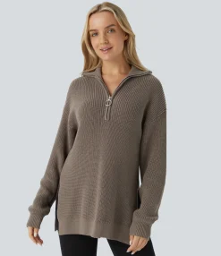 Sweaters<HALARA Funnel Neck Half Zip Long Sleeve Casual Sweater