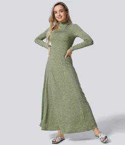 Dresses|Maxi & Midi Dresses<HALARA Funnel Neck Long Sleeve Flare Maxi Casual Dress