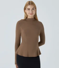 T-Shirts|Work Tops<HALARA Funnel Neck Long Sleeve Slim Peplum Work Tee