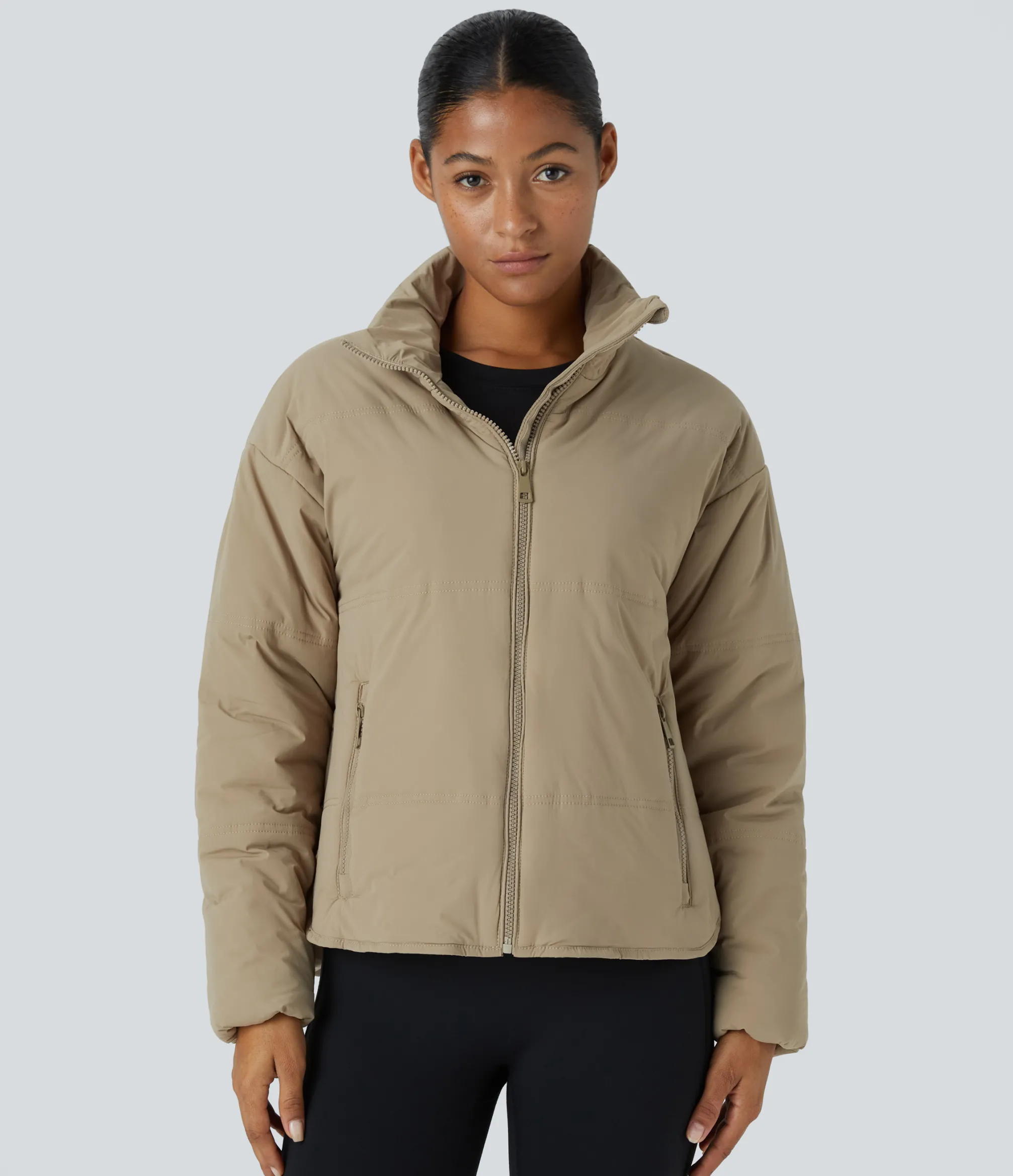 Jackets & Outerwear<HALARA Funnel Neck Pockets Zipper High Low Curved Hem Relaxed Hiking Padded Jacket