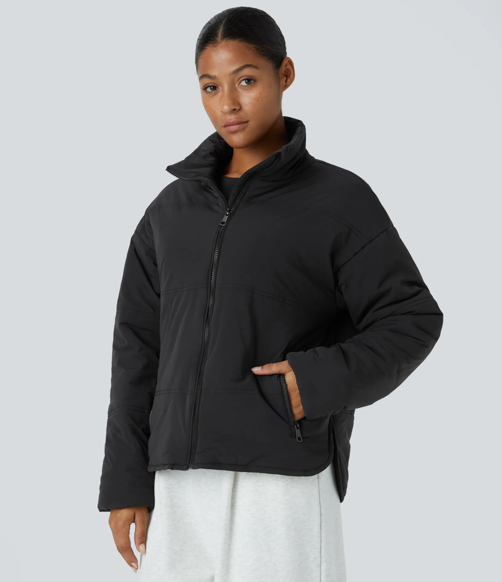 Jackets & Outerwear<HALARA Funnel Neck Pockets Zipper High Low Curved Hem Relaxed Hiking Padded Jacket