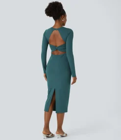 Maxi & Midi Dresses|Dresses<HALARA G-hook Round Neck Long Sleeve Midi Slim Casual Dress