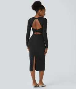 Maxi & Midi Dresses|Dresses<HALARA G-hook Round Neck Long Sleeve Midi Slim Casual Dress