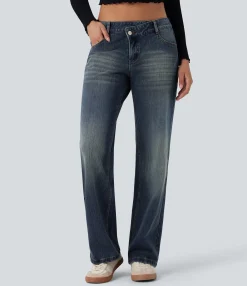 Straight-Leg Jeans|Jeans<HALARA Flex™ Asymmetric Low Rise Straight Leg Casual Jeans with Pockets