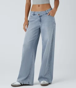 Wide Leg Jeans|Jeans<HALARA Flex™ Asymmetric Low Rise Zipper Pockets Baggy Wide Leg Washed Casual Jeans