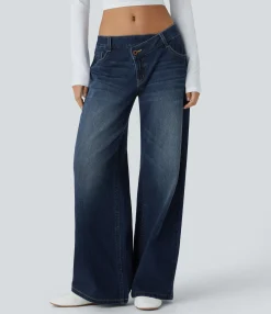 Wide Leg Jeans|Jeans<HALARA Flex™ Asymmetric Low Rise Zipper Pockets Baggy Wide Leg Washed Casual Jeans