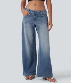 Wide Leg Jeans|Jeans<HALARA Flex™ Asymmetric Low Rise Zipper Pockets Baggy Wide Leg Washed Casual Jeans