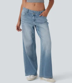 Wide Leg Jeans|Jeans<HALARA Flex™ Asymmetric Low Rise Zipper Pockets Baggy Wide Leg Washed Casual Jeans