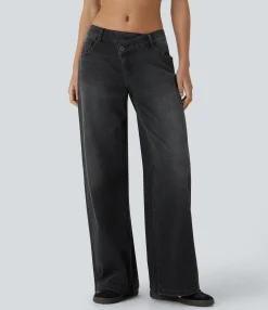 Wide Leg Jeans|Jeans<HALARA Flex™ Asymmetric Low Rise Zipper Pockets Baggy Wide Leg Washed Casual Jeans