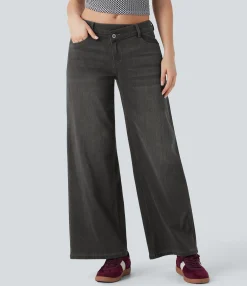 Wide Leg Jeans|Jeans<HALARA Flex™ Asymmetric Low Rise Zipper Pockets Baggy Wide Leg Washed Casual Jeans