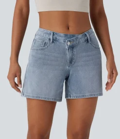 Denim Shorts|Denim Shorts<HALARA Flex™ Asymmetric Low Rise Pockets Washed Denim Casual Shorts