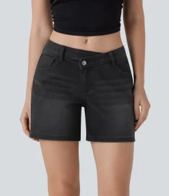 Denim Shorts|Denim Shorts<HALARA Flex™ Asymmetric Low Rise Pockets Washed Denim Casual Shorts