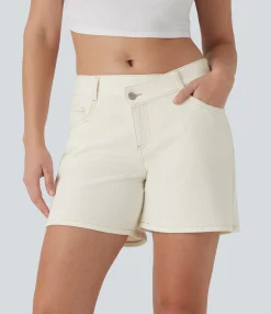 Denim Shorts|Denim Shorts<HALARA Flex™ Asymmetric Low Rise Pockets Washed Denim Casual Shorts