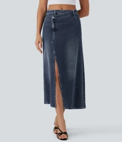 Denim Skirts|Denim Skirts<HALARA Flex™ Asymmetric Mid Rise Denim Maxi Casual Skirt with Pockets