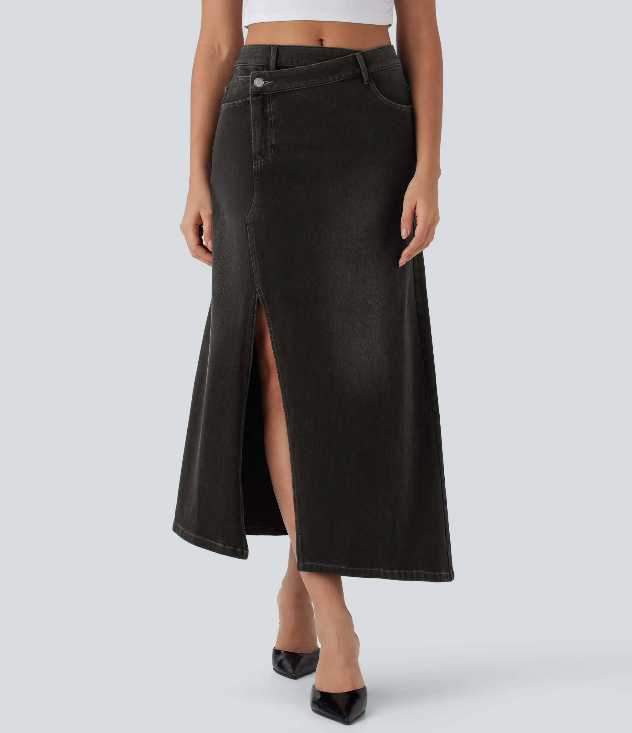 Denim Skirts|Denim Skirts<HALARA Flex™ Asymmetric Mid Rise Denim Maxi Casual Skirt with Pockets