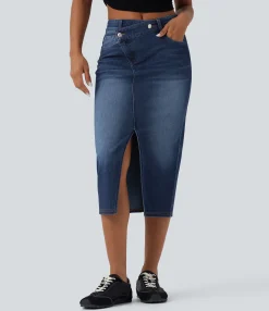 Denim Skirts|Denim Skirts<HALARA Flex™ Asymmetric Mid Rise Split Bodycon Denim Casual Skirt with Pockets